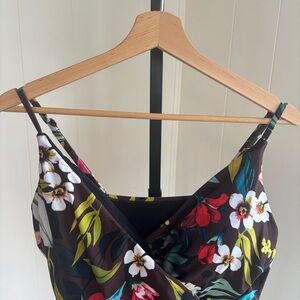 Robert Graham Paradise Floral One Piece Swimsuit Brown Wrap Front Womens 16 NWT